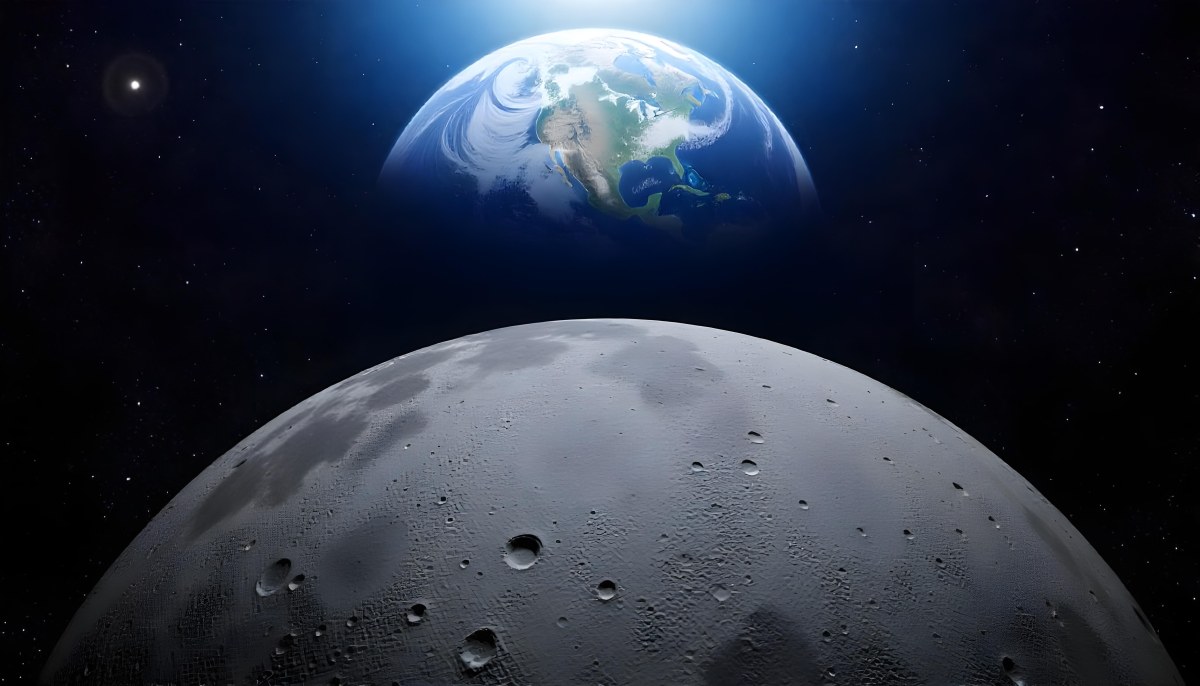 The Moon Surface With Many Craters And The Earth In The Background Both Illuminated By A Bright Light In A Bright Space 17 2b7e