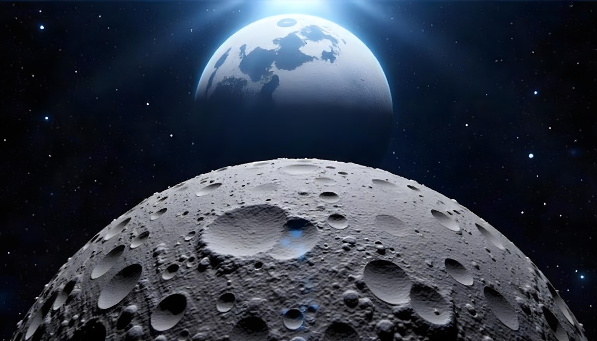 The Moon Surface With Many Craters And The Earth In The Background Both Illuminated By A Bright Light In A Bright Space 18 Fe03