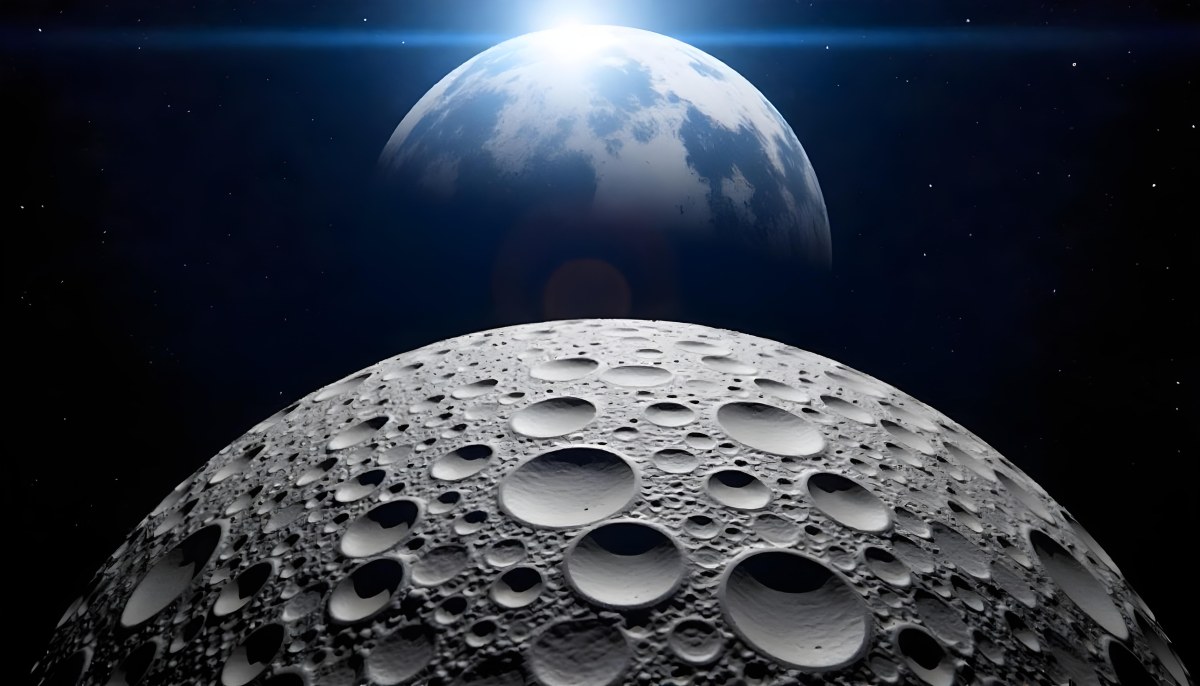 The Moon Surface With Many Craters And The Earth In The Background Both Illuminated By A Bright Light In A Bright Space 19 6651
