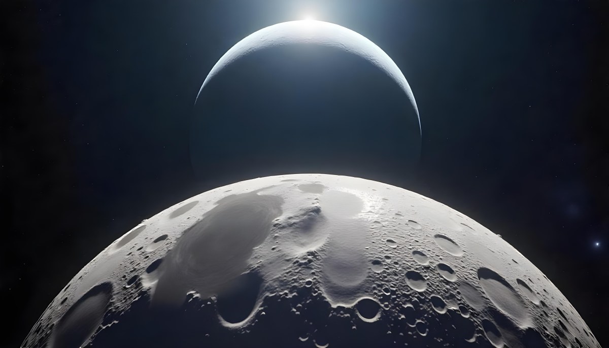 The Moon Surface With Many Craters And The Earth In The Background Both Illuminated By A Bright Light In A Bright Space 2 Ec6f