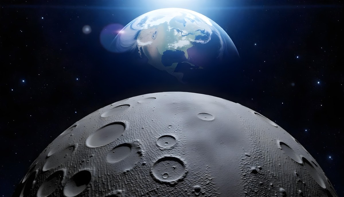 The Moon Surface With Many Craters And The Earth In The Background Both Illuminated By A Bright Light In A Bright Space 21 48ef