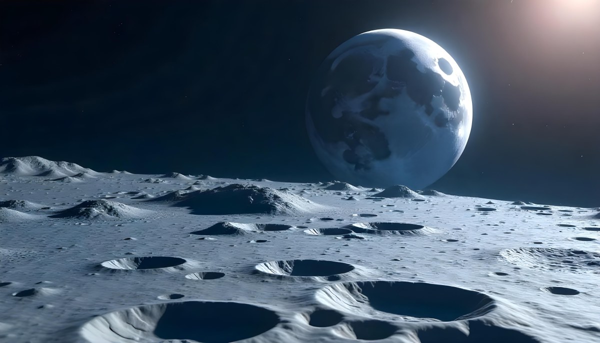 The Moon Surface With Many Craters And The Earth In The Background Both Illuminated By A Bright Light In A Bright Space 3 4fb7