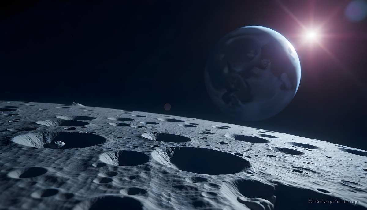 The Moon Surface With Many Craters And The Earth In The Background Both Illuminated By A Bright Light In A Bright Space 4 5593