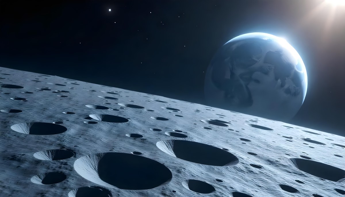 The Moon Surface With Many Craters And The Earth In The Background Both Illuminated By A Bright Light In A Bright Space 5 2c20