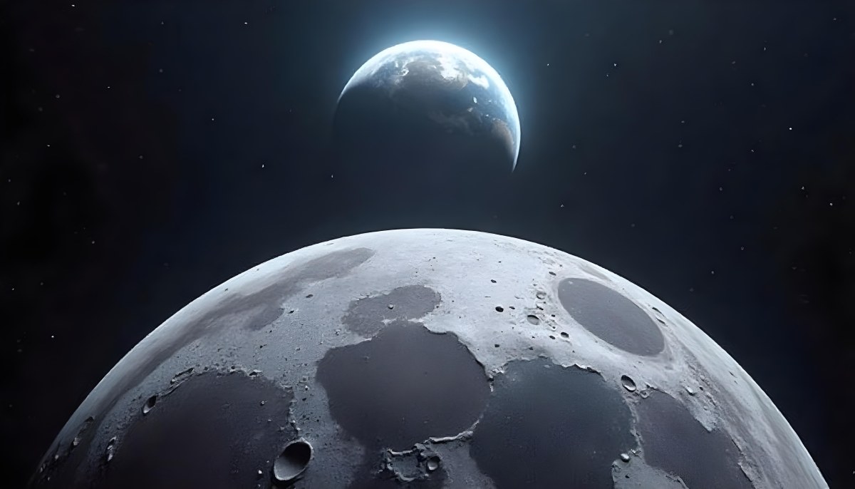 The Moon Surface With Many Craters And The Earth In The Background Both Illuminated By A Bright Light In A Bright Space 6 76ea