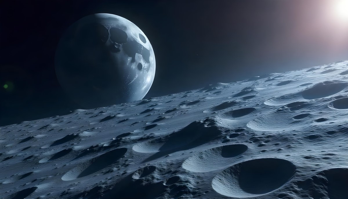 The Moon Surface With Many Craters And The Earth In The Background Both Illuminated By A Bright Light In A Bright Space 7 7622