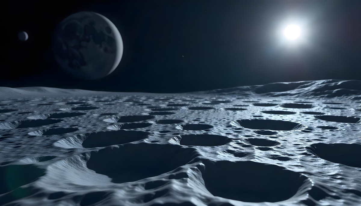 The Moon Surface With Many Craters And The Earth In The Background Both Illuminated By A Bright Light In A Bright Space 8 Ba06