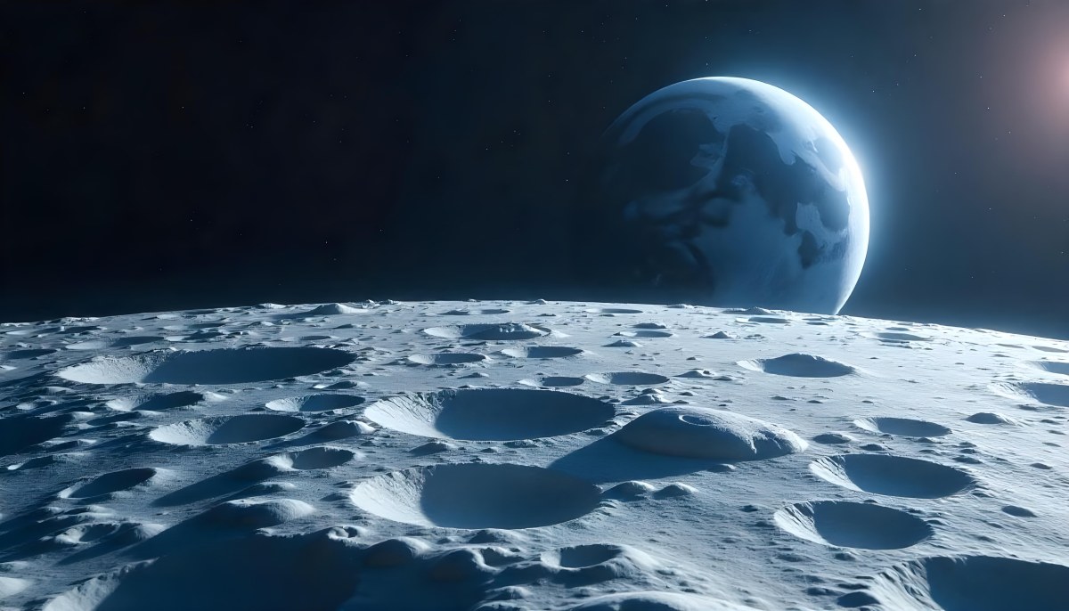 The Moon Surface With Many Craters And The Earth In The Background Both Illuminated By A Bright Light In A Bright Space 9 323f