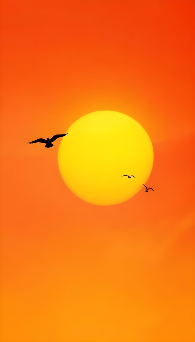 Two Birds Flying Against A Large Bright Yellow Sun Set Against An Orange Sky The Background Features Soft Blended Clouds In Shades Of Orange And Yellow 5 C4b2