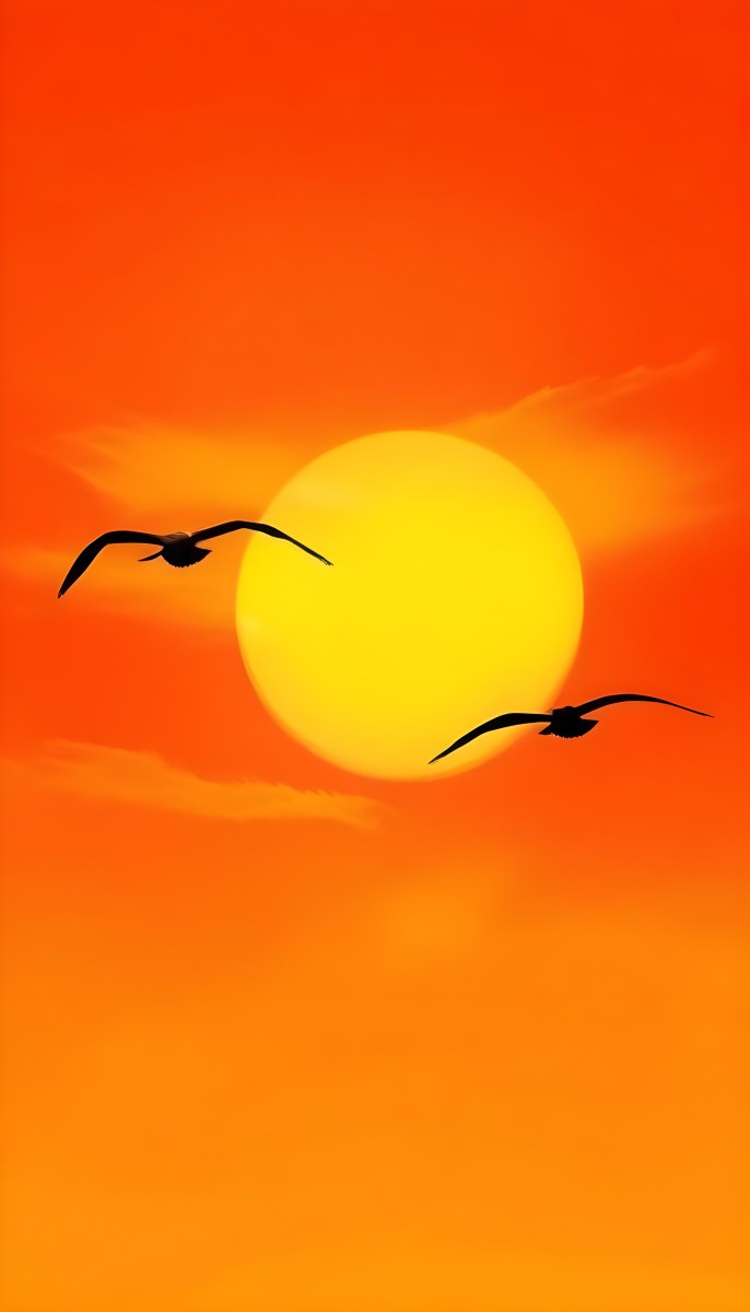Two Birds Flying Against A Large Bright Yellow Sun Set Against An Orange Sky The Background Features Soft Blended Clouds In Shades Of Orange And Yellow 9 B890