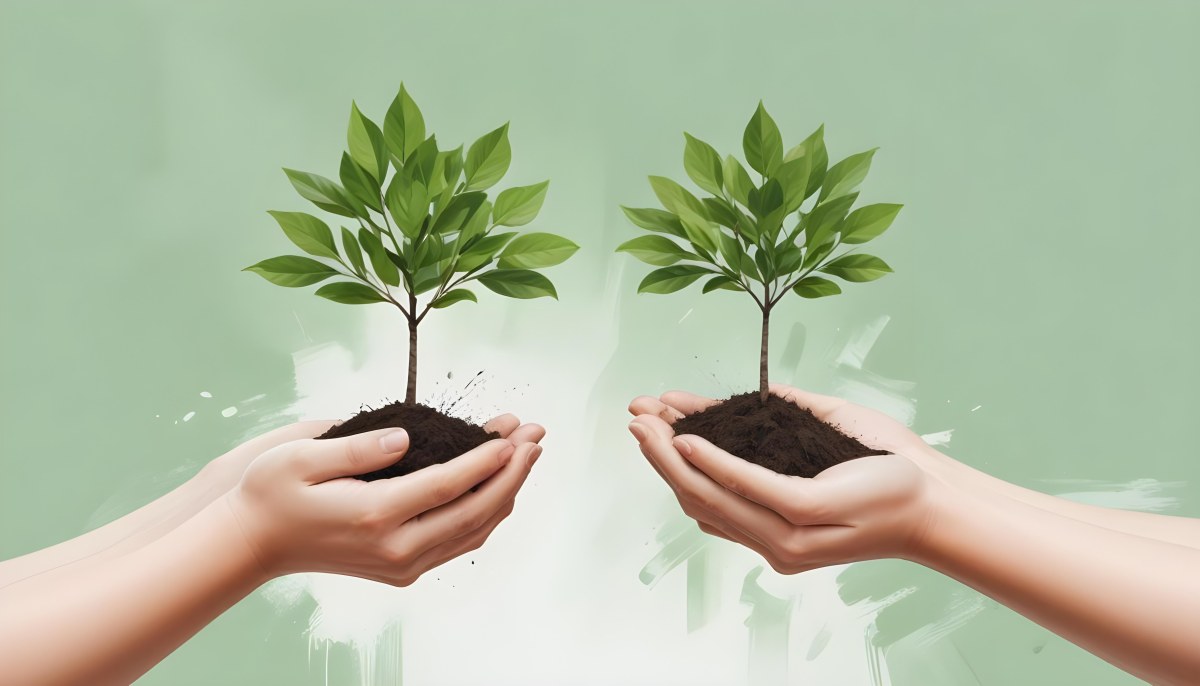 Two Hands Holding A Small Tree With Green Leaves And White Soil Blurred Green And White Background 1 812c