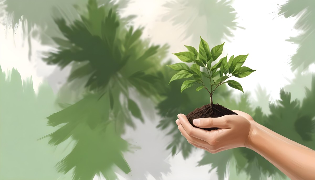 Two Hands Holding A Small Tree With Green Leaves And White Soil Blurred Green And White Background 12 58b8