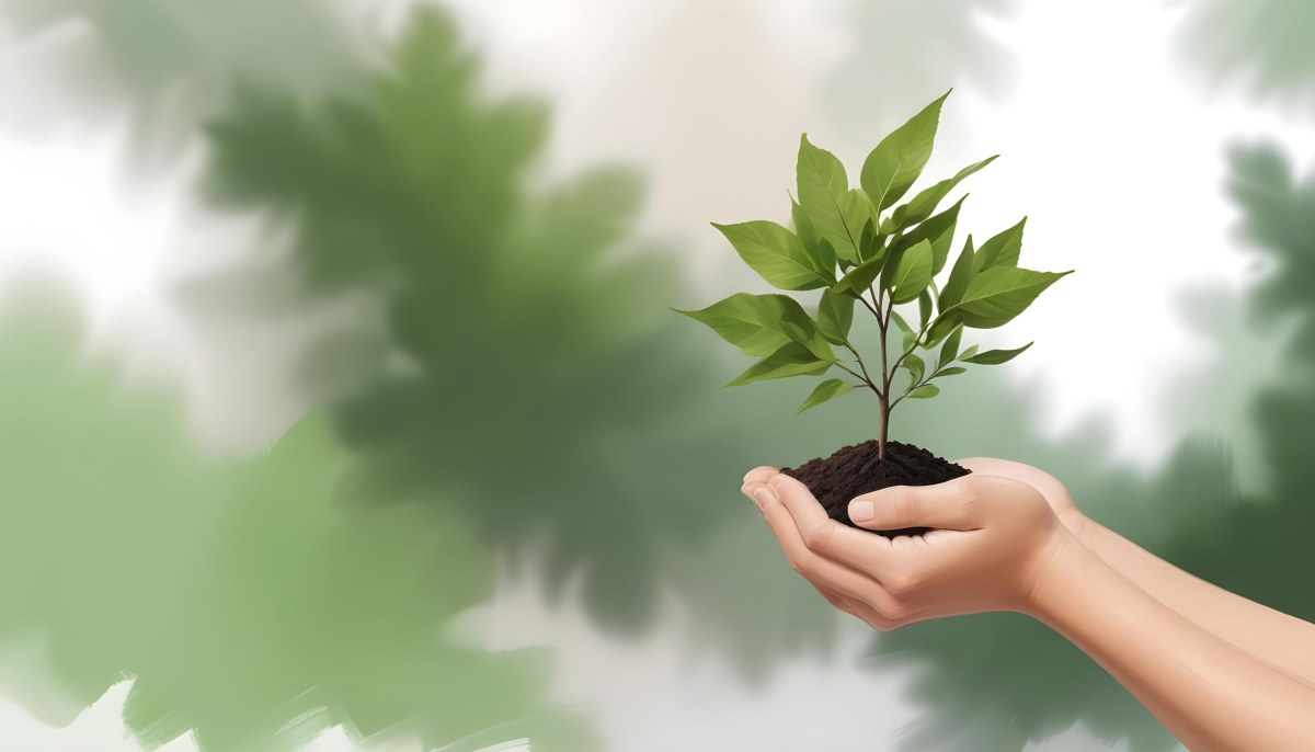 Two Hands Holding A Small Tree With Green Leaves And White Soil Blurred Green And White Background 3 751d