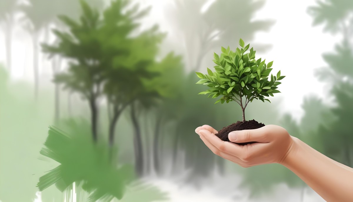Two Hands Holding A Small Tree With Green Leaves And White Soil Blurred Green And White Background 4 0e02
