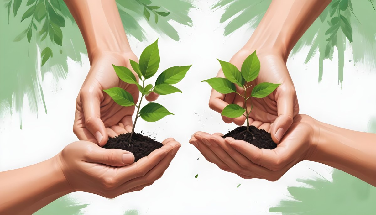 Two Hands Holding A Small Tree With Green Leaves And White Soil Blurred Green And White Background 4 6563