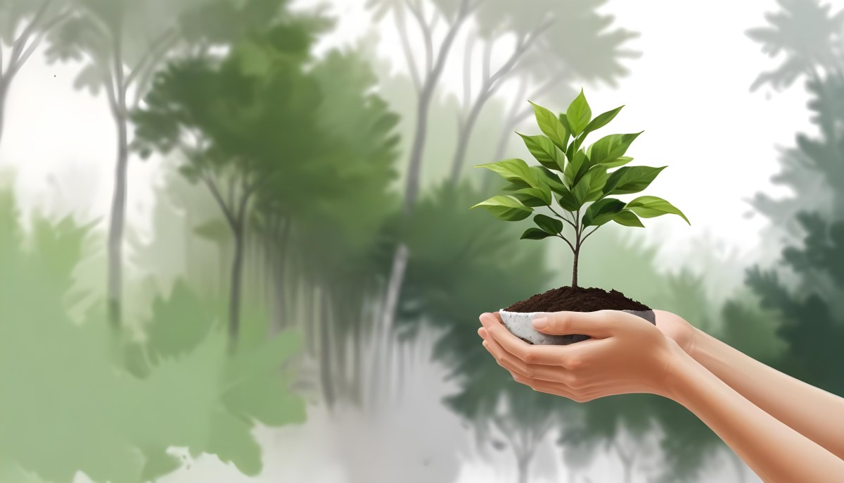 Two Hands Holding A Small Tree With Green Leaves And White Soil Blurred Green And White Background 5 15b4