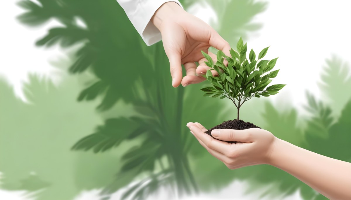 Two Hands Holding A Small Tree With Green Leaves And White Soil Blurred Green And White Background 6 9eae