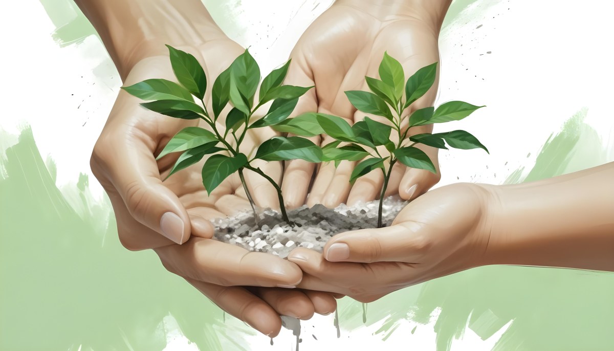 Two Hands Holding A Small Tree With Green Leaves And White Soil Blurred Green And White Background 7 52fa