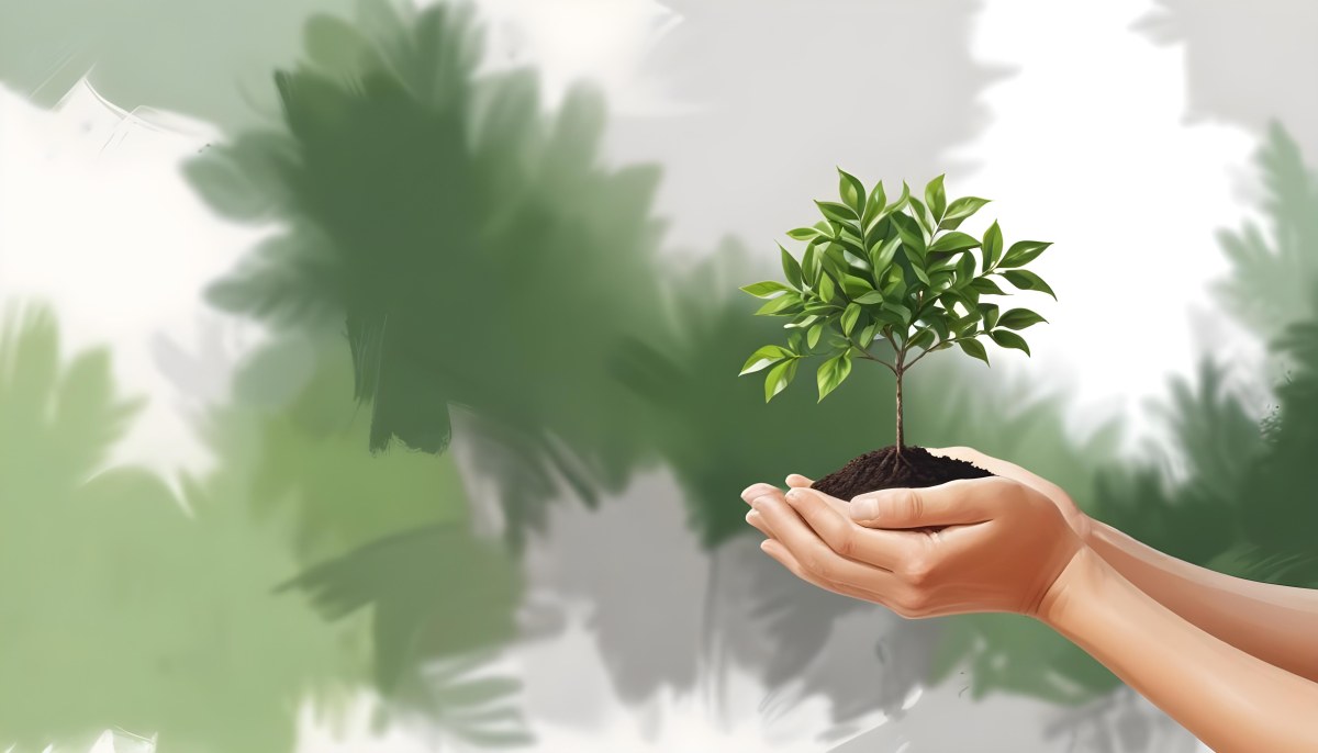 Two Hands Holding A Small Tree With Green Leaves And White Soil Blurred Green And White Background 8 0fcc