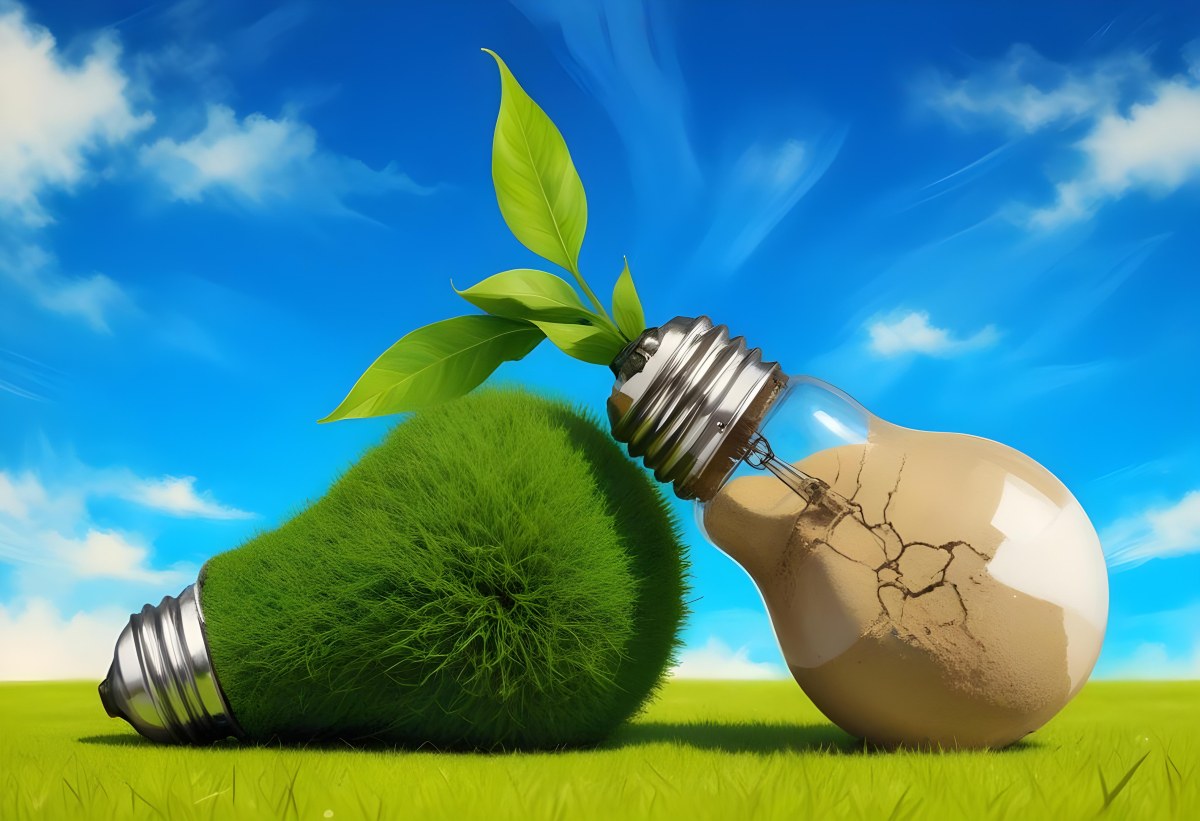 Two Light Bulbs One With Green Grass And Leaves Growing Out Of It The Other Filled With Sand On A Green Field With A Blue Sky 71 986a