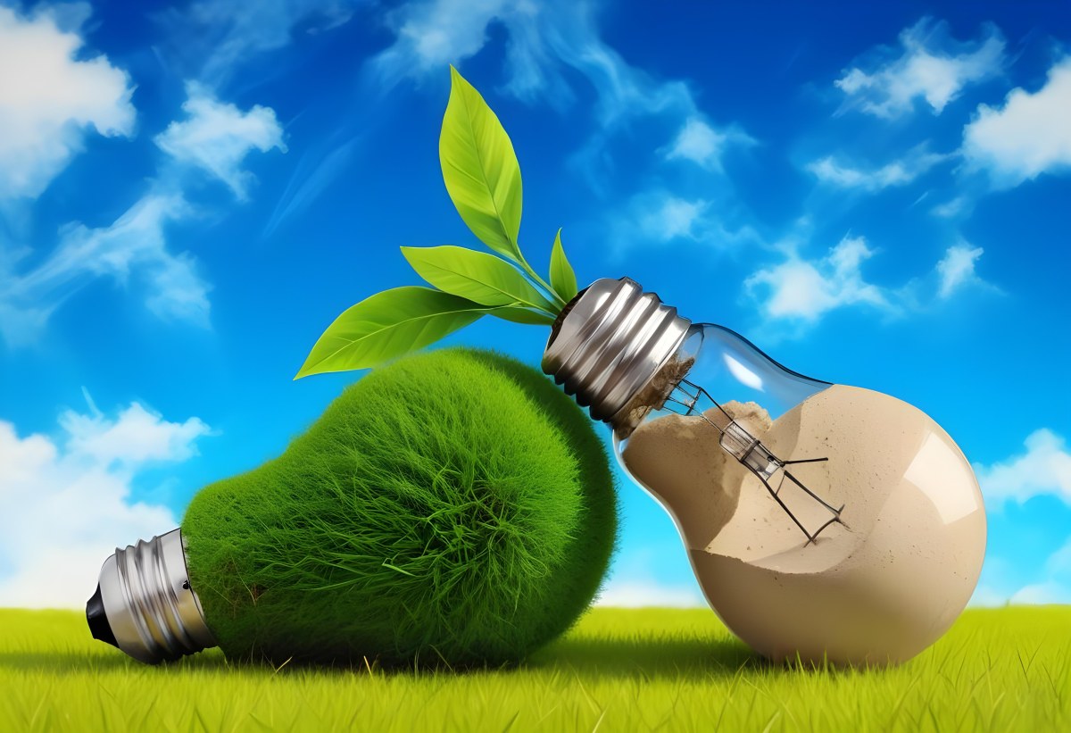 Two Light Bulbs One With Green Grass And Leaves Growing Out Of It The Other Filled With Sand On A Green Field With A Blue Sky 73 6d83