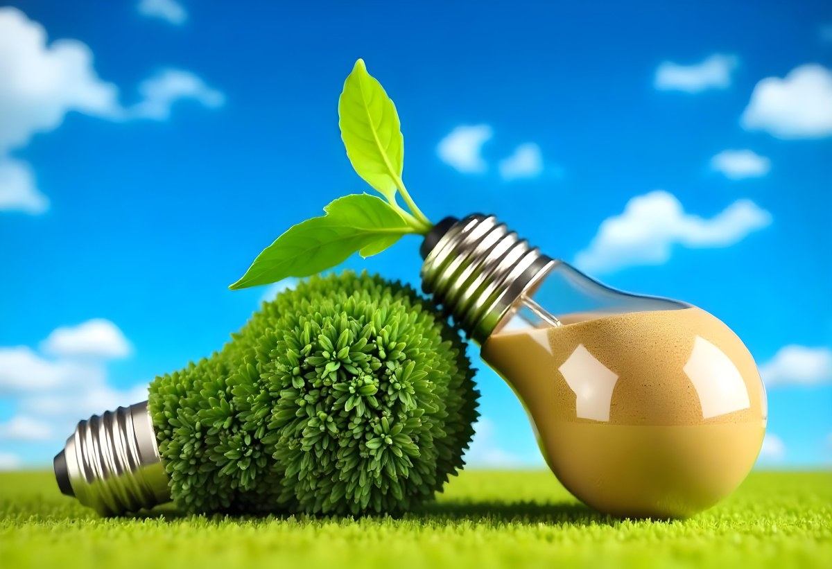Two Light Bulbs One With Green Grass And Leaves Growing Out Of It The Other Filled With Sand On A Green Field With A Blue Sky 8 A579