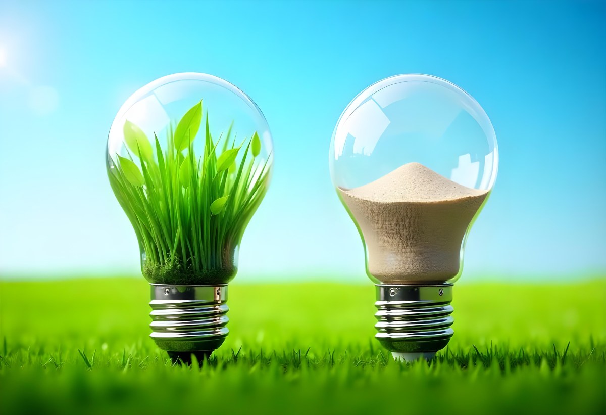Two Light Bulbs One With Green Grass And Leaves Growing Out Of It The Other Filled With Sand On A Green Field With A Blue Sky 9 8769