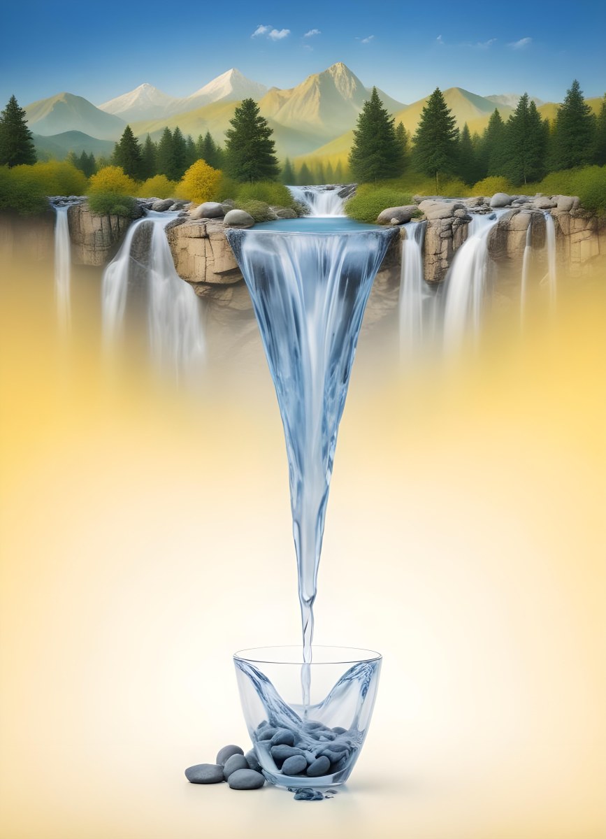 Waterfall Flowing Into A Glass Rocks On The Sides Trees And Mountains In The Background Yellow And White Gradient 10 Fa4a