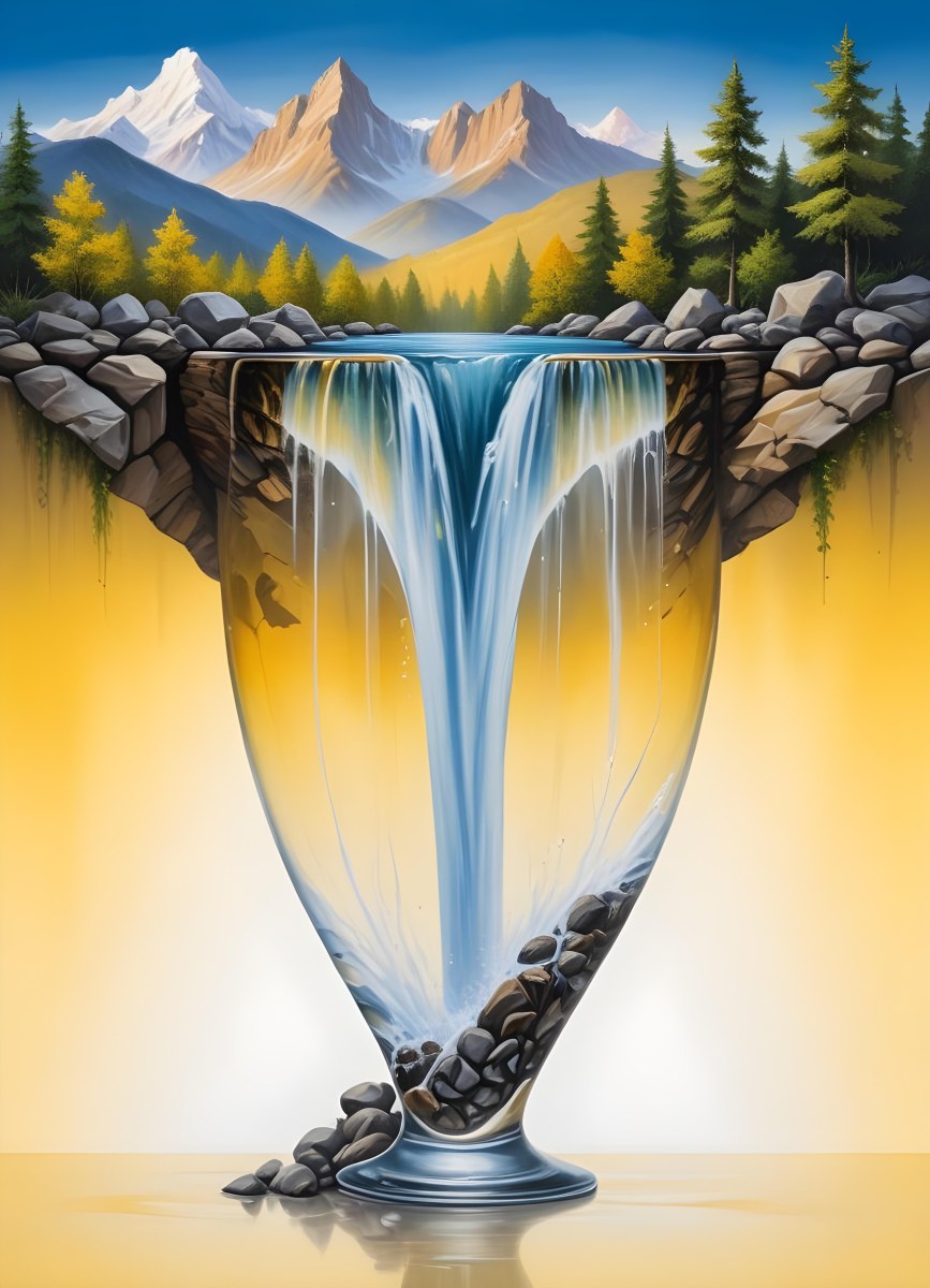 Waterfall Flowing Into A Glass Rocks On The Sides Trees And Mountains In The Background Yellow And White Gradient 16 8502