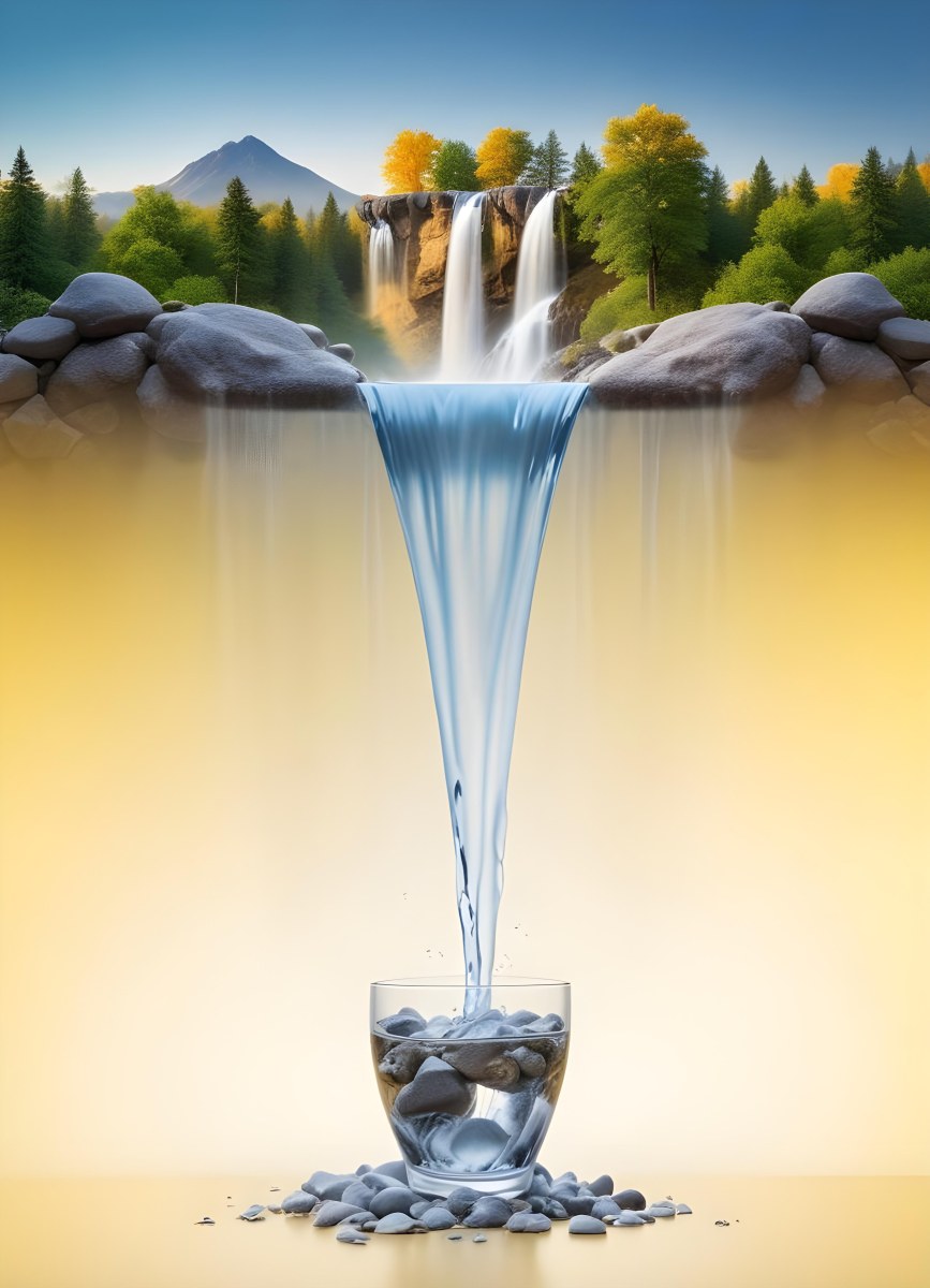 Waterfall Flowing Into A Glass Rocks On The Sides Trees And Mountains In The Background Yellow And White Gradient 2 3180