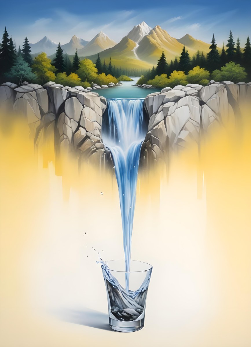 Waterfall Flowing Into A Glass Rocks On The Sides Trees And Mountains In The Background Yellow And White Gradient 28 70e6