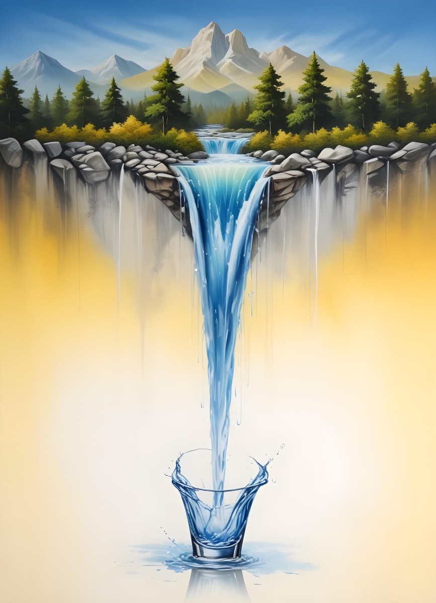 Waterfall Flowing Into A Glass Rocks On The Sides Trees And Mountains In The Background Yellow And White Gradient 29 C9be