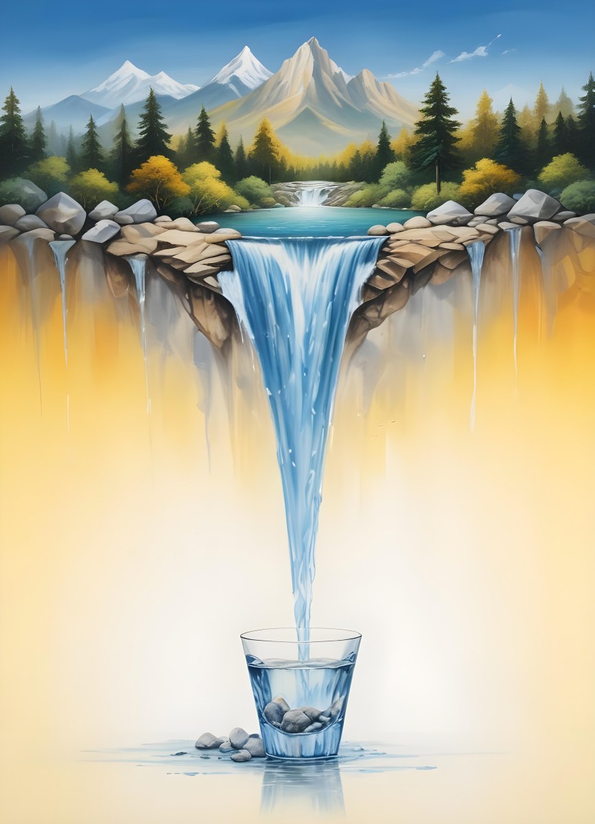Waterfall Flowing Into A Glass Rocks On The Sides Trees And Mountains In The Background Yellow And White Gradient 30 2535