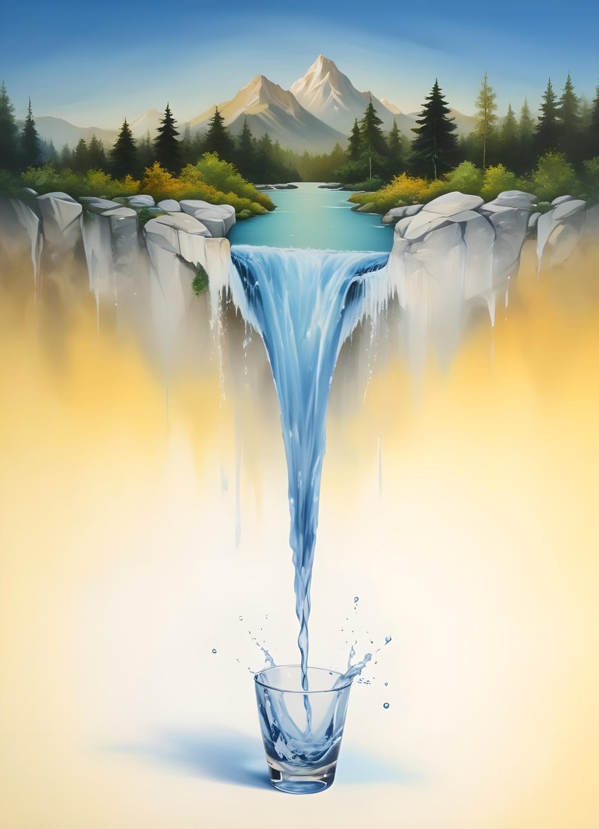 Waterfall Flowing Into A Glass Rocks On The Sides Trees And Mountains In The Background Yellow And White Gradient 31 36a1