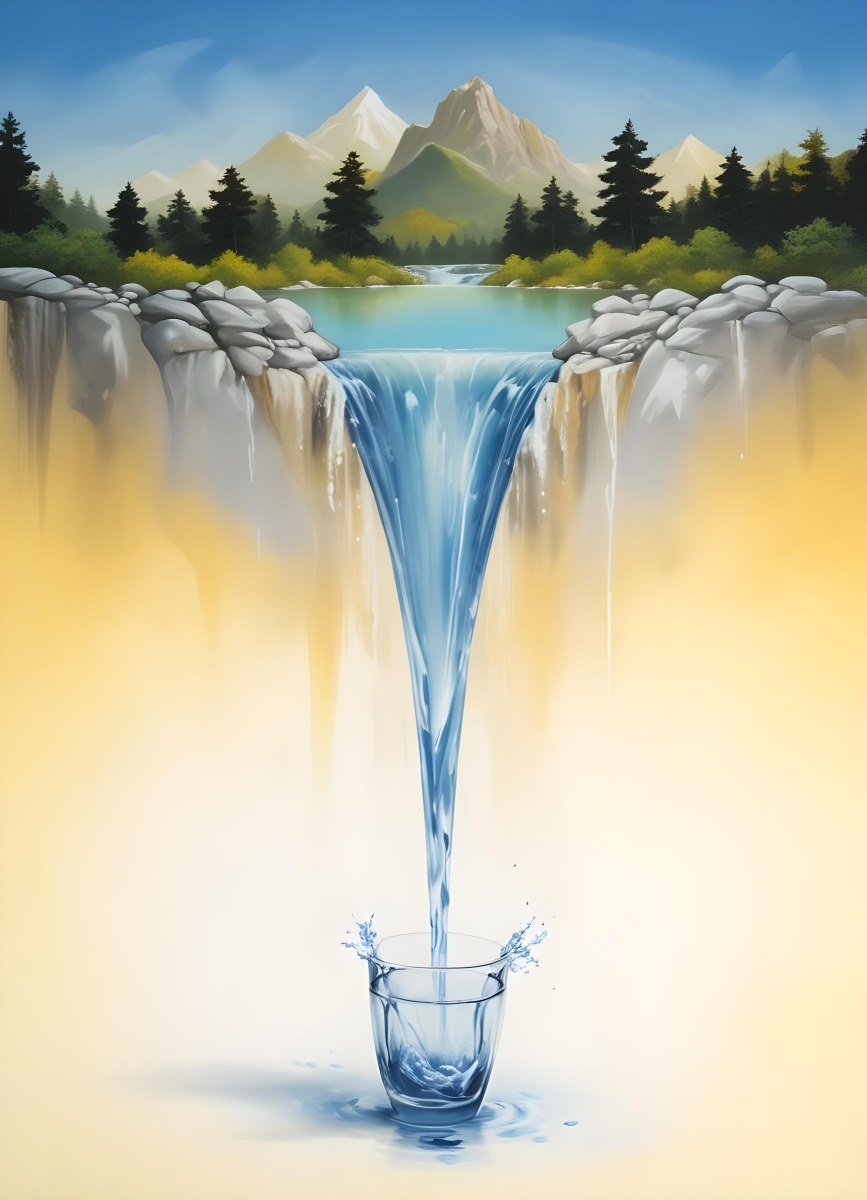 Waterfall Flowing Into A Glass Rocks On The Sides Trees And Mountains In The Background Yellow And White Gradient 32 47a9
