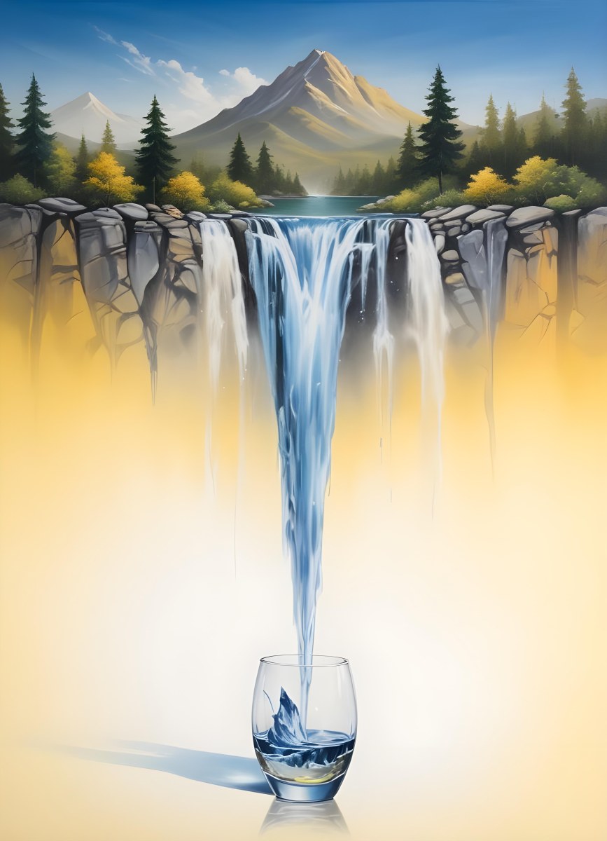 Waterfall Flowing Into A Glass Rocks On The Sides Trees And Mountains In The Background Yellow And White Gradient 33 A64e