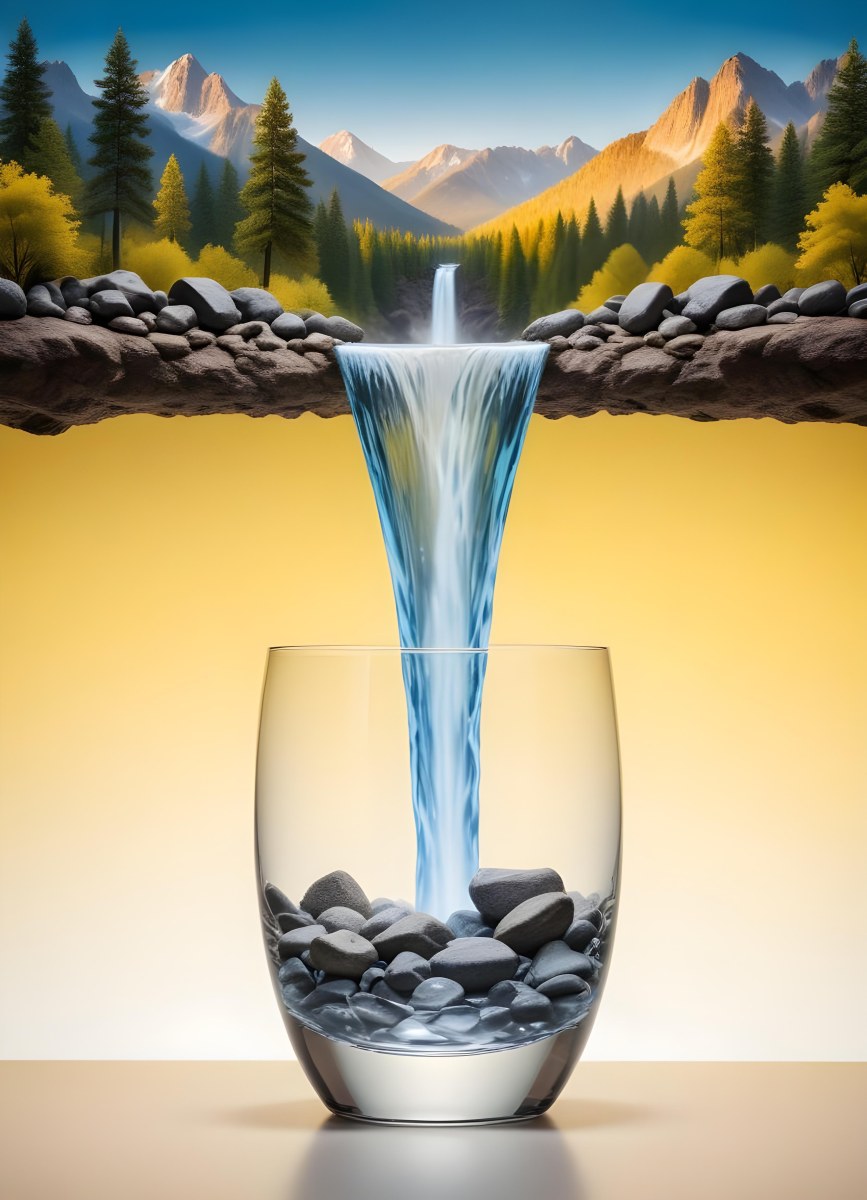 Waterfall Flowing Into A Glass Rocks On The Sides Trees And Mountains In The Background Yellow And White Gradient 4 00b8