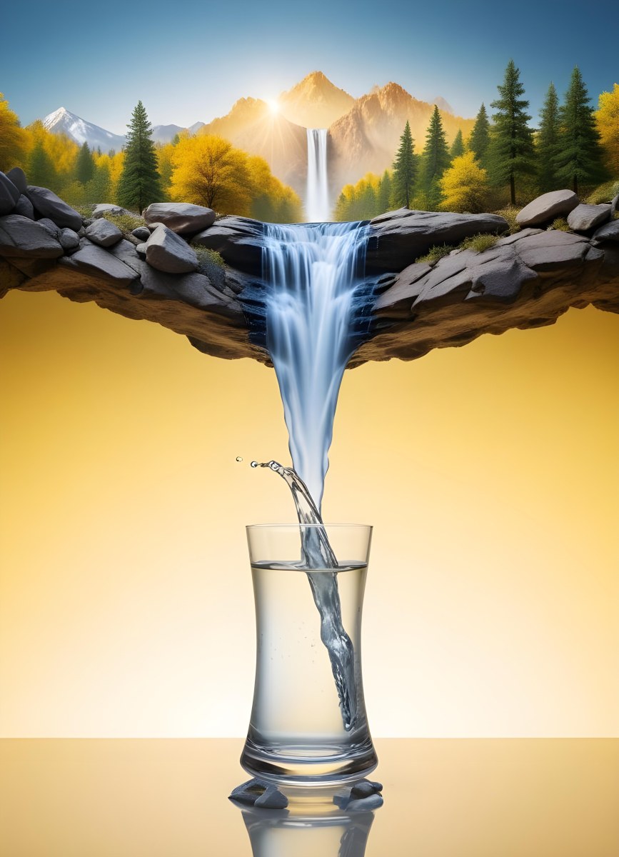 Waterfall Flowing Into A Glass Rocks On The Sides Trees And Mountains In The Background Yellow And White Gradient 5 4ea6