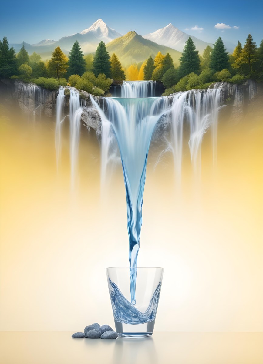 Waterfall Flowing Into A Glass Rocks On The Sides Trees And Mountains In The Background Yellow And White Gradient 7 8f29