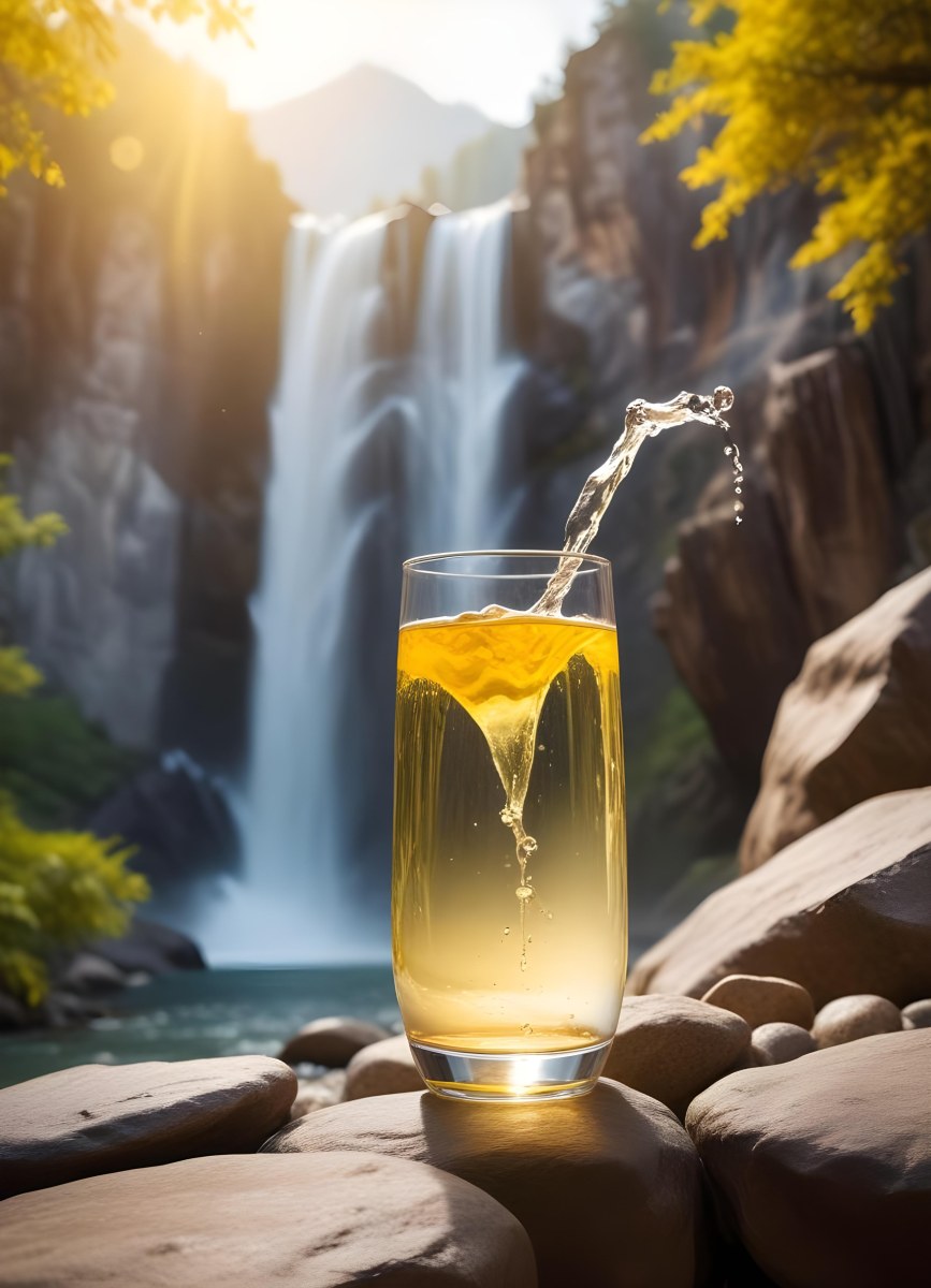 Waterfall Flowing Into A Glass Rocks On The Sides Trees And Mountains In The Background Yellow And White Gradient 8 11e7