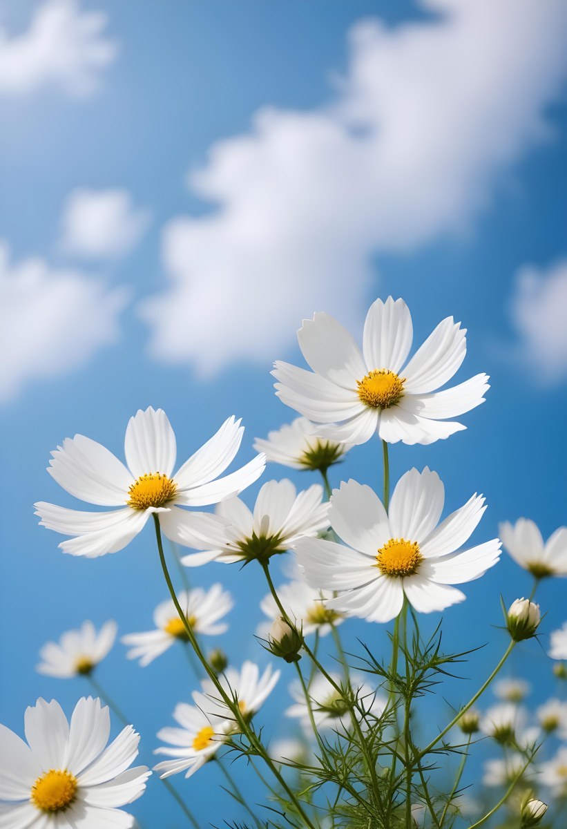White Cosmos Flowers Against A Blurred Blue Sky Background 13 F2df