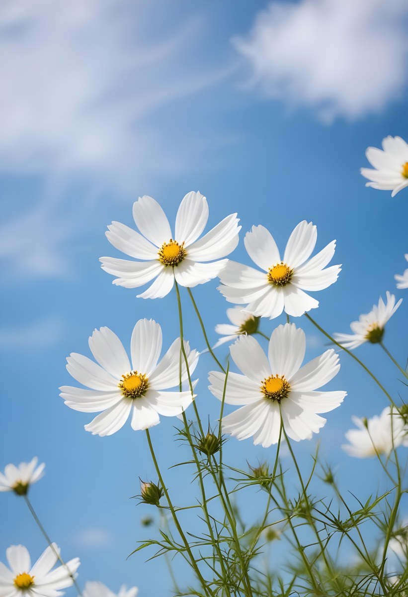 White Cosmos Flowers Against A Blurred Blue Sky Background 14 6f95