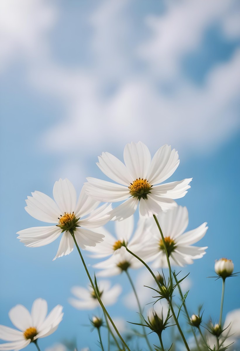 White Cosmos Flowers Against A Blurred Blue Sky Background 18 620b