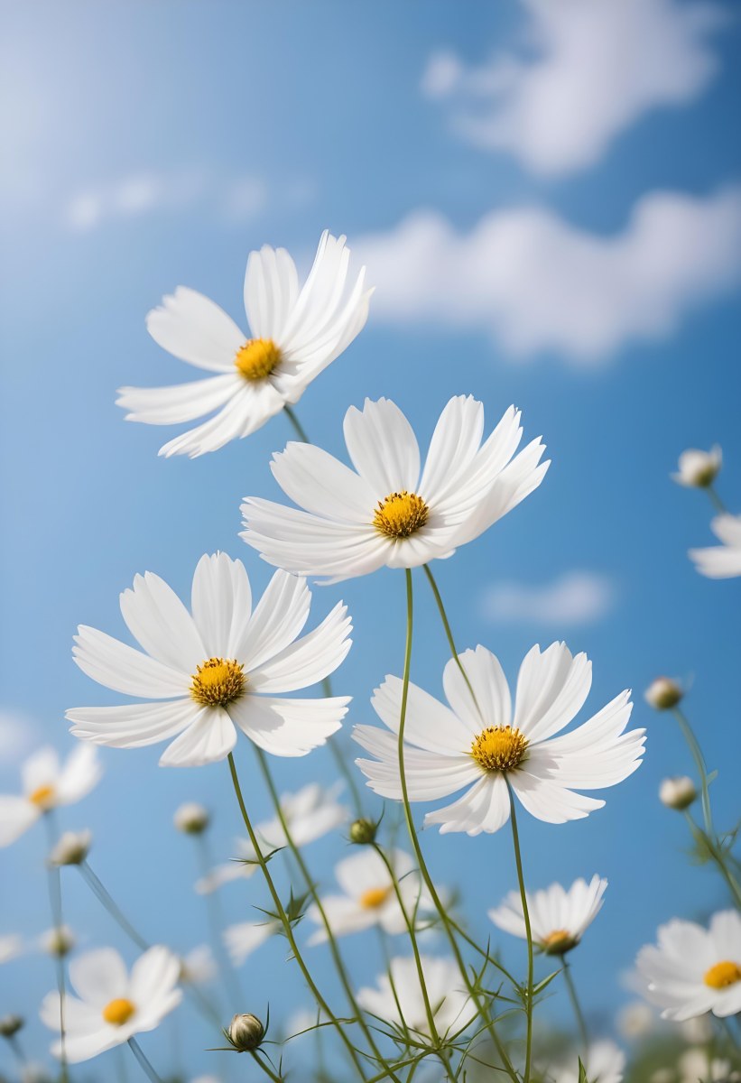 White Cosmos Flowers Against A Blurred Blue Sky Background 2 70c7