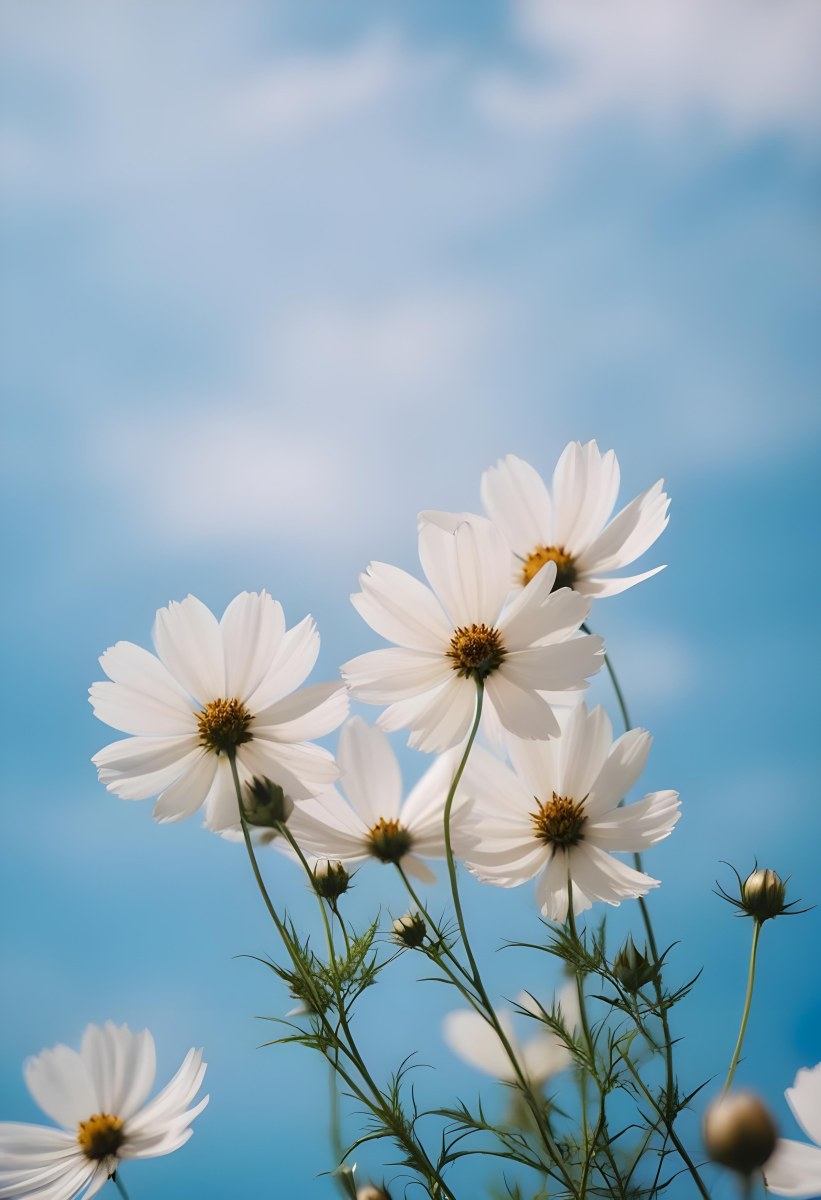White Cosmos Flowers Against A Blurred Blue Sky Background 22 7528