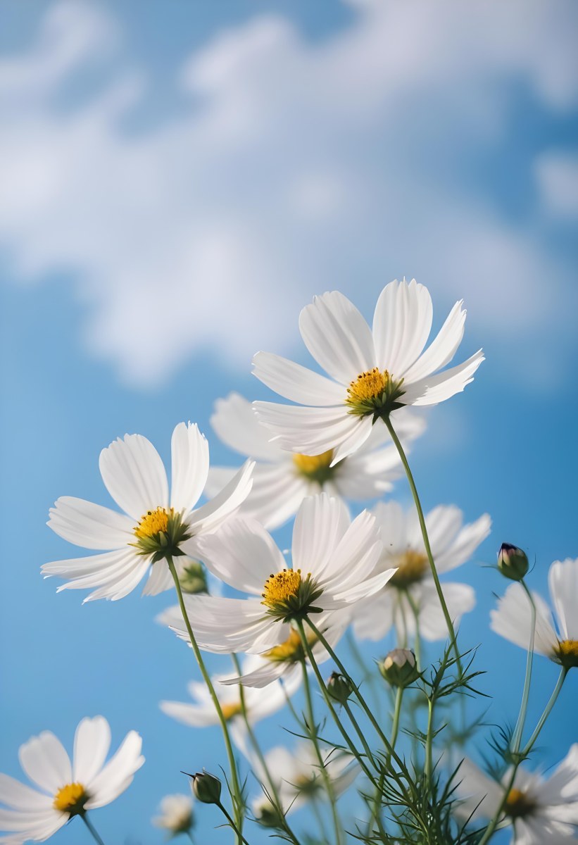 White Cosmos Flowers Against A Blurred Blue Sky Background 23 Cb81