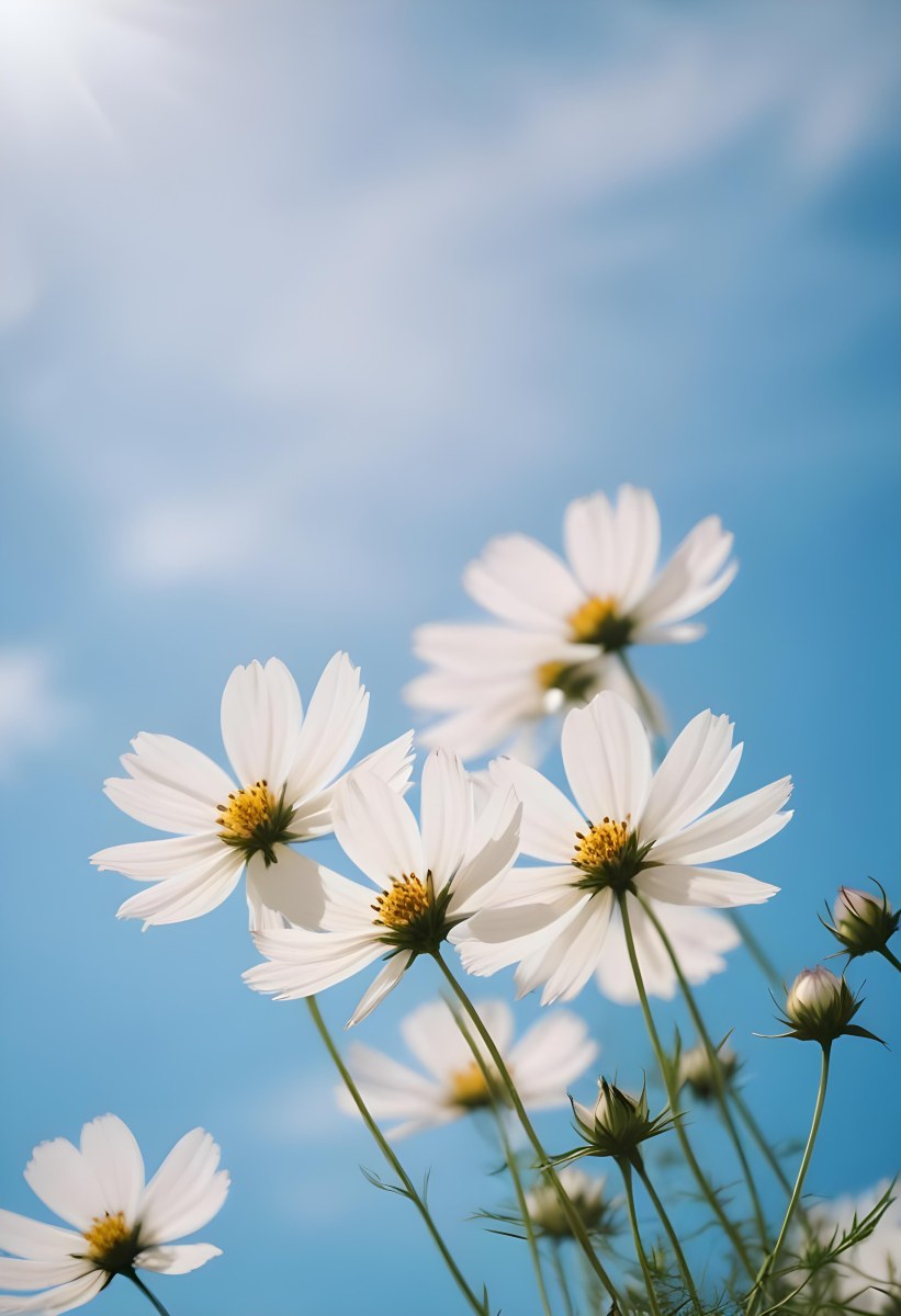White Cosmos Flowers Against A Blurred Blue Sky Background 27 C5fe