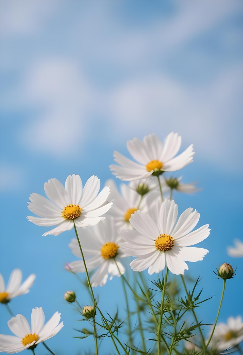 White Cosmos Flowers Against A Blurred Blue Sky Background 29 Aab5