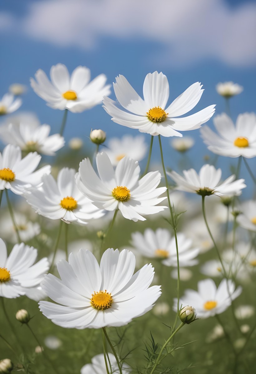 White Cosmos Flowers Against A Blurred Blue Sky Background 3 Ad92