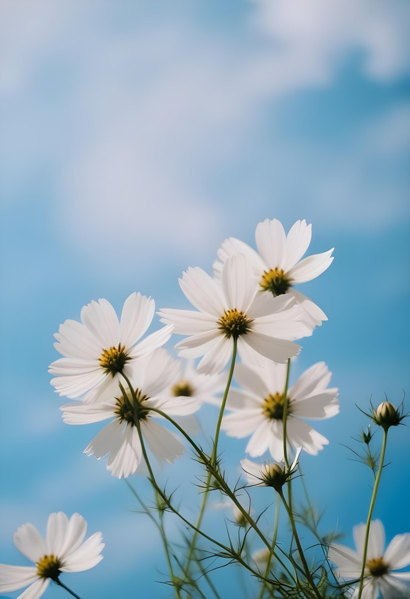White Cosmos Flowers Against A Blurred Blue Sky Background 30 493f